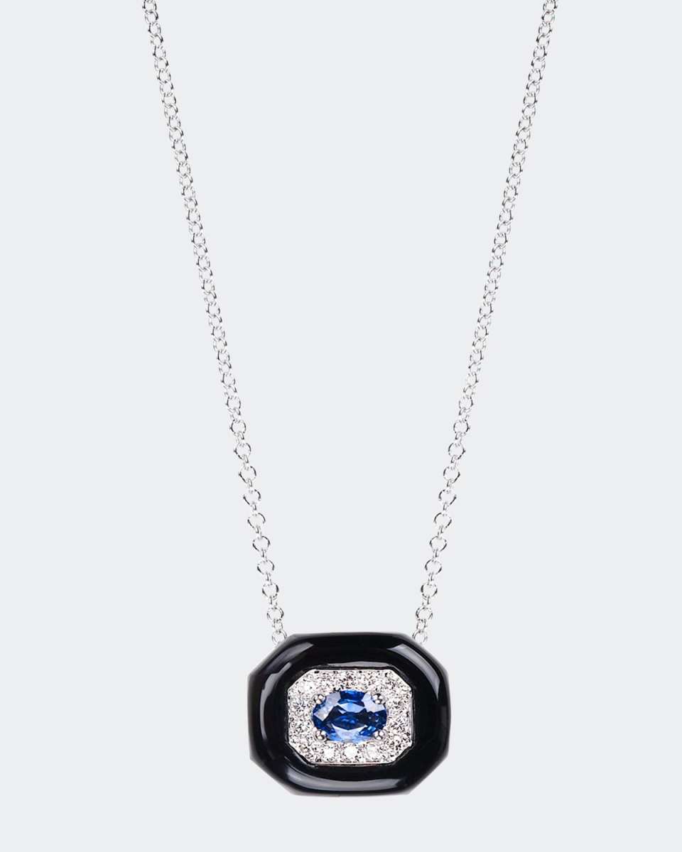 Oui 18k White Gold Black Enamel & Sapphire Pendant Necklace